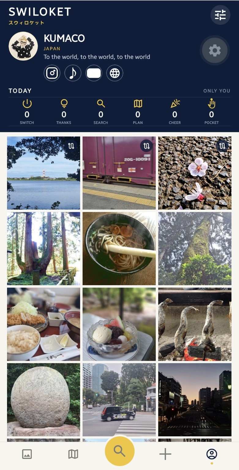 A private SWILOKET profile with personal action counts and a photo grid